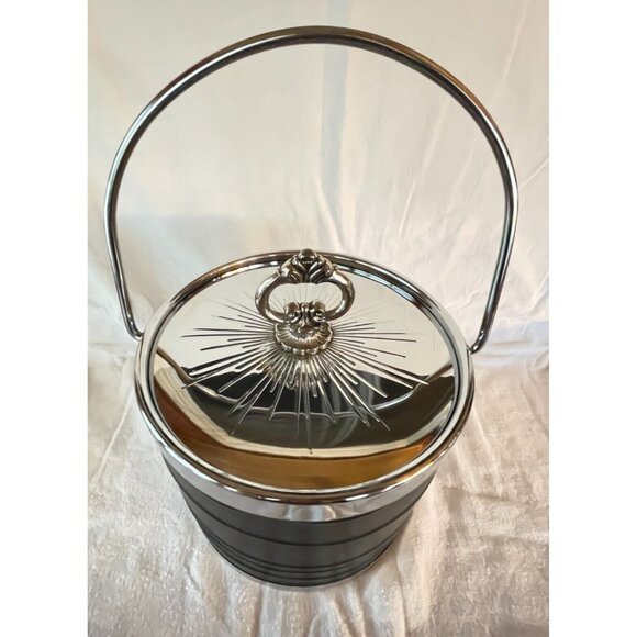 Vintage Black Vinyl & Chrome Ice Bucket Mid Century Barware Retro Entertaining - Picture 12 of 13
